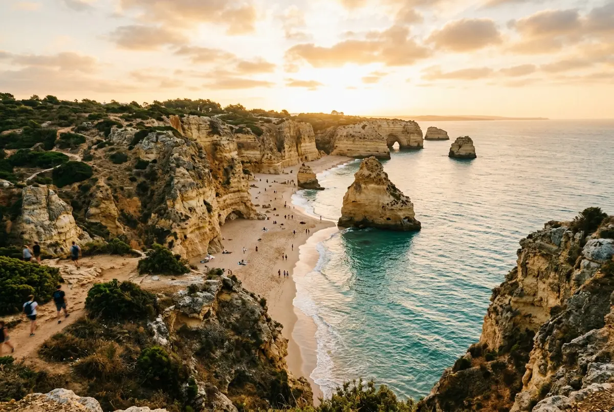 Golden hour view of Praia da Marinha's cliffs and heart shaped rock formation with Carvoeiro village visible in the distance along the Algarve coast