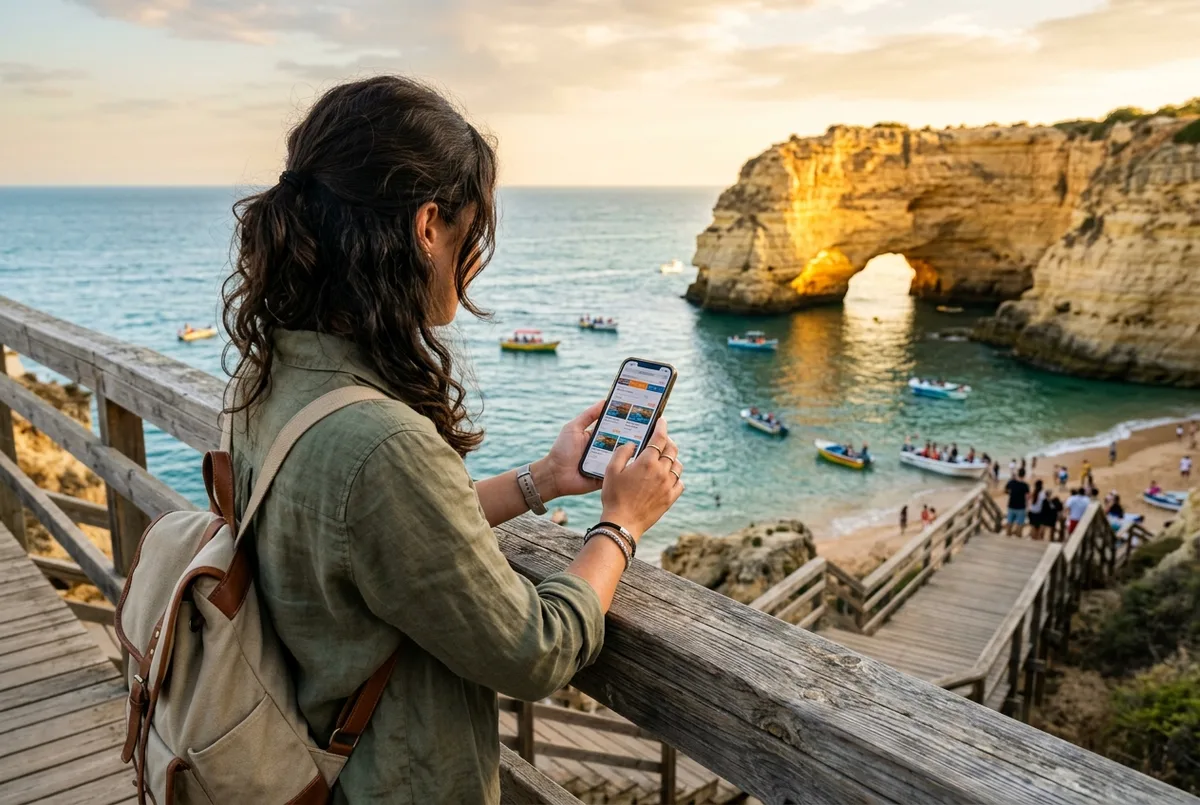 Traveler comparing tour listings on a phone at a wooden pier railing with the golden skylight of Benagil Cave visible in the background, warm afternoon light