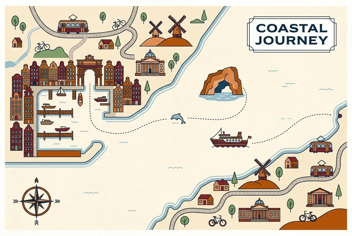 Flat illustrated coastal map showing a boat route line from Vilamoura Marina along the coastline to a labeled Benagil Cave icon, with a small dolphin icon marking the midpoint