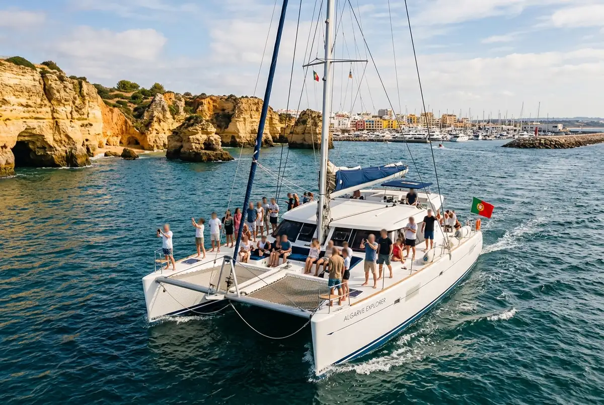 Spacious catamaran departing Albufeira Marina at midday with passengers on deck, heading west along the Algarve coast toward Benagil Cave