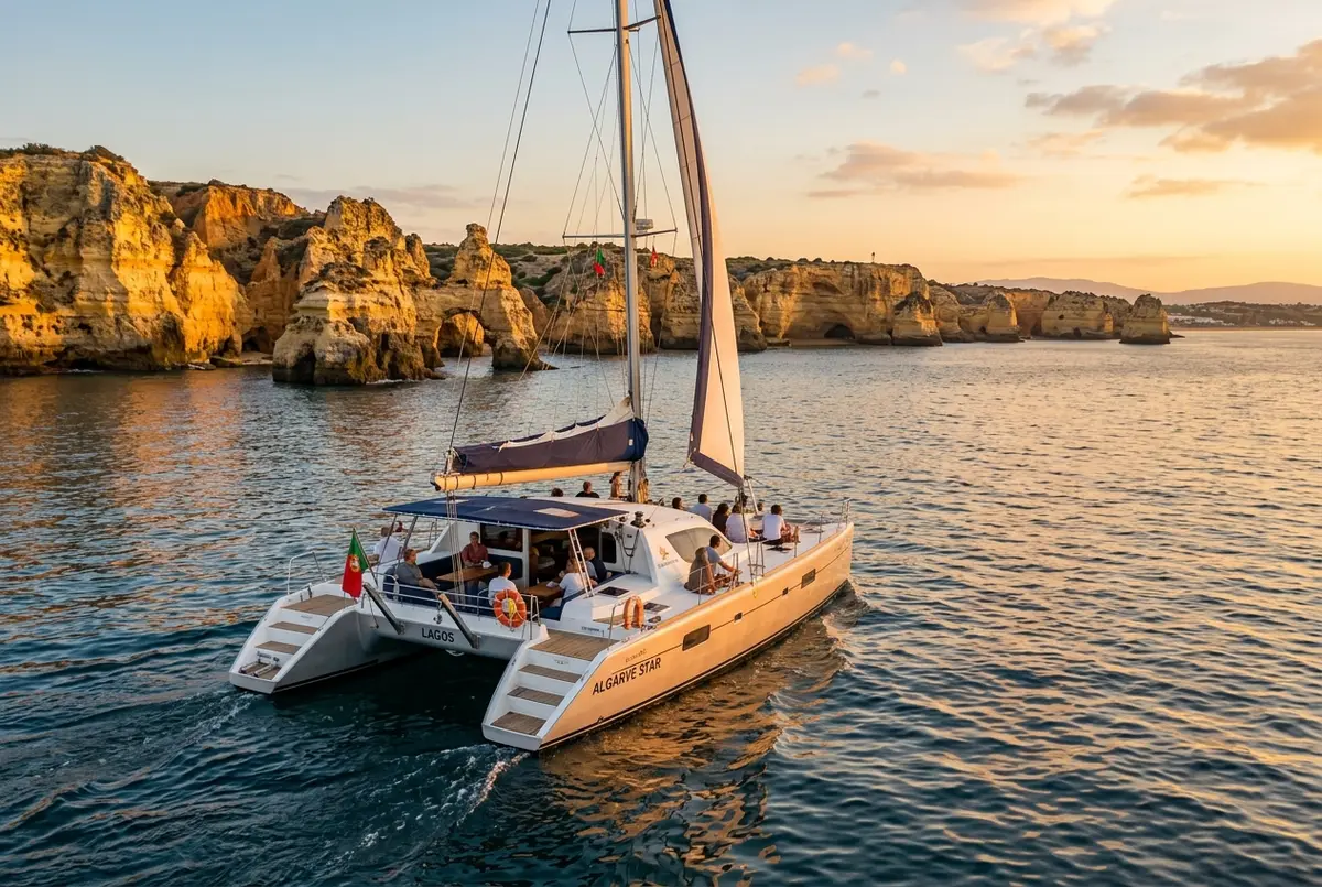 Casal a caminhar na Marina de Lagos ao início da manhã com um catamarã de passeio pronto para partir rumo à Gruta de Benagil ao fundo