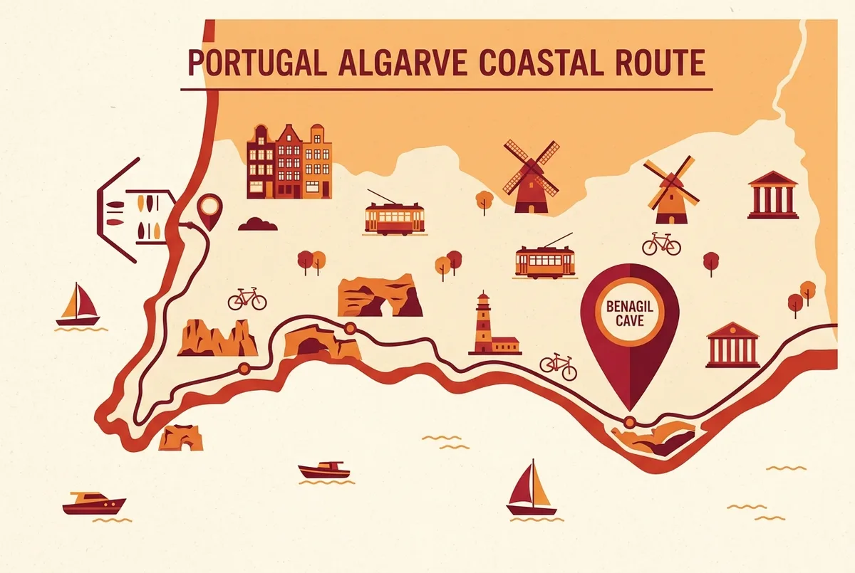 Mapa costeiro simples mostrando uma linha de rota entre a Marina de Lagos e a Gruta de Benagil ao longo da costa do Algarve, passando por ícones rotulados Ponta da Piedade e Carvoeiro
