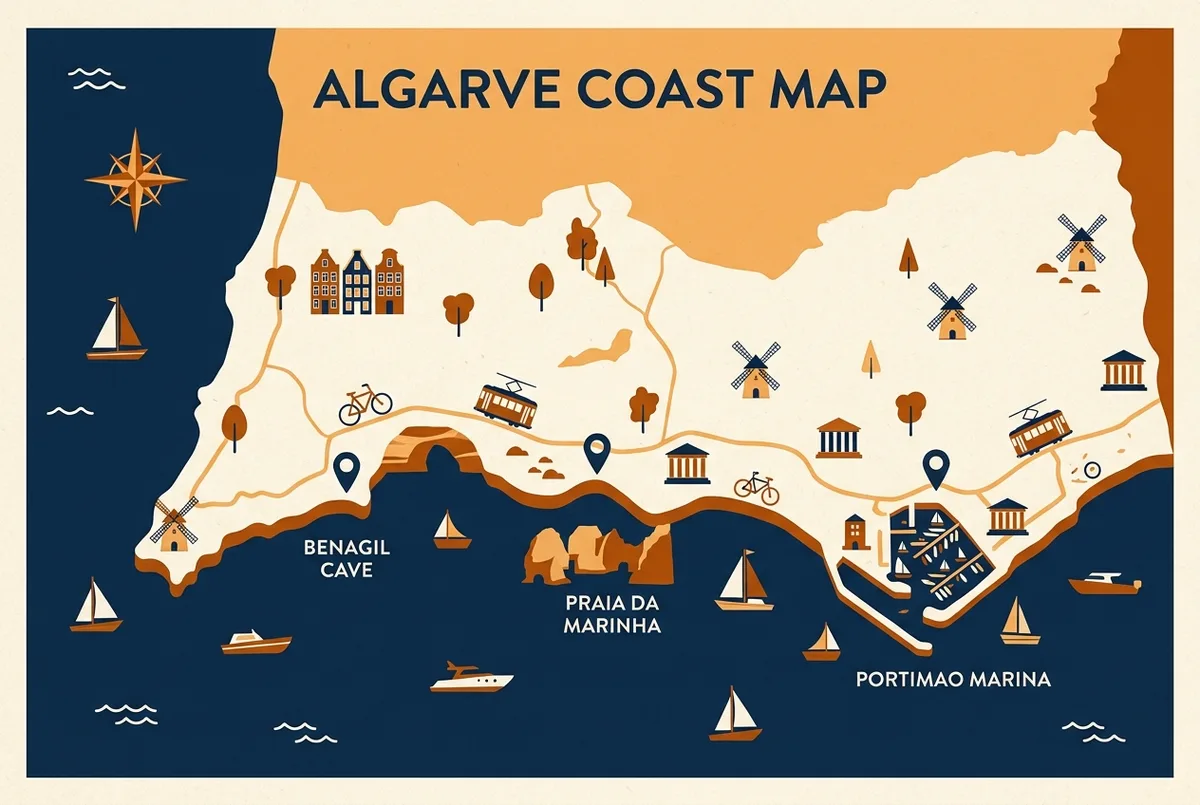 Simple map style infographic showing the Algarve coastline with Benagil cave, Praia da Marinha and Portimao marina marked with labeled pin icons