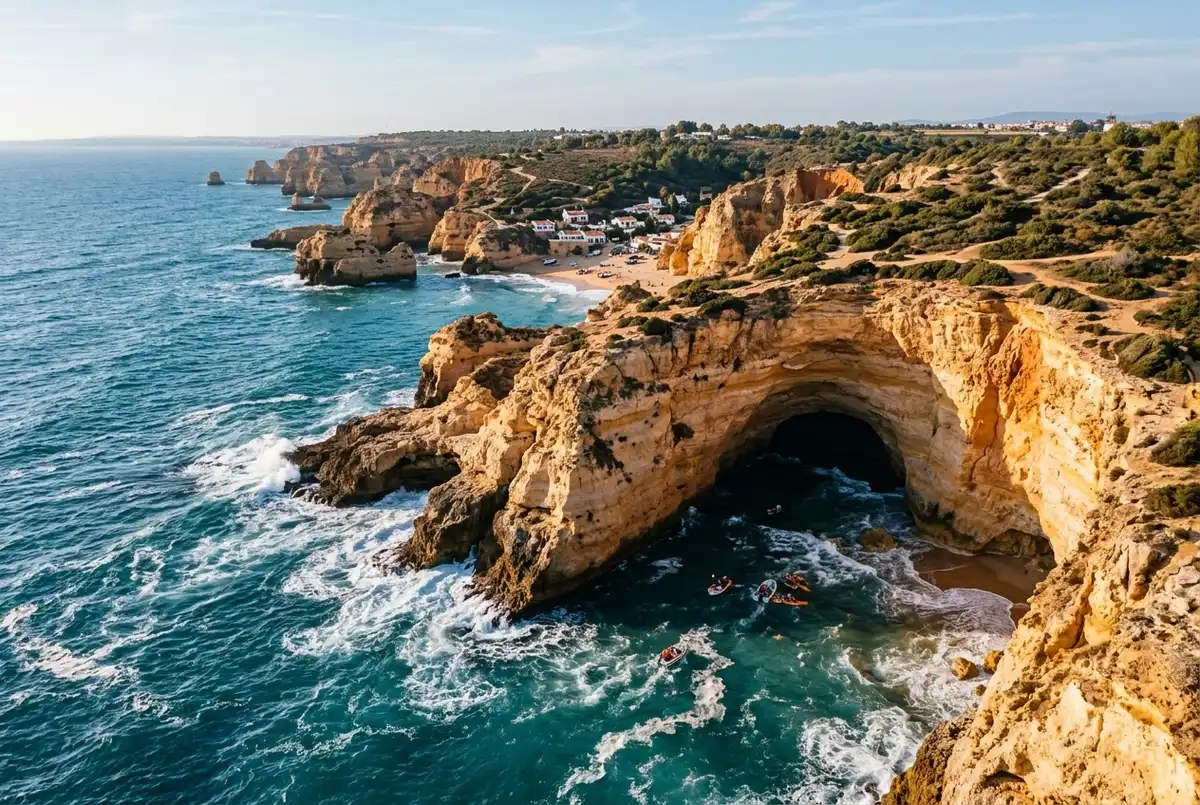 Aerial view of the Algarve limestone coastline near Benagil cave location, waves crashing against golden cliffs with a visible sea cave entrance