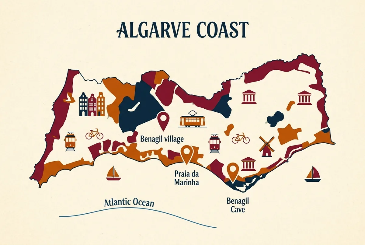 Simple labeled map graphic showing the Algarve coastline with Benagil village, Praia da Marinha and the benagil cave location marked with pin icons