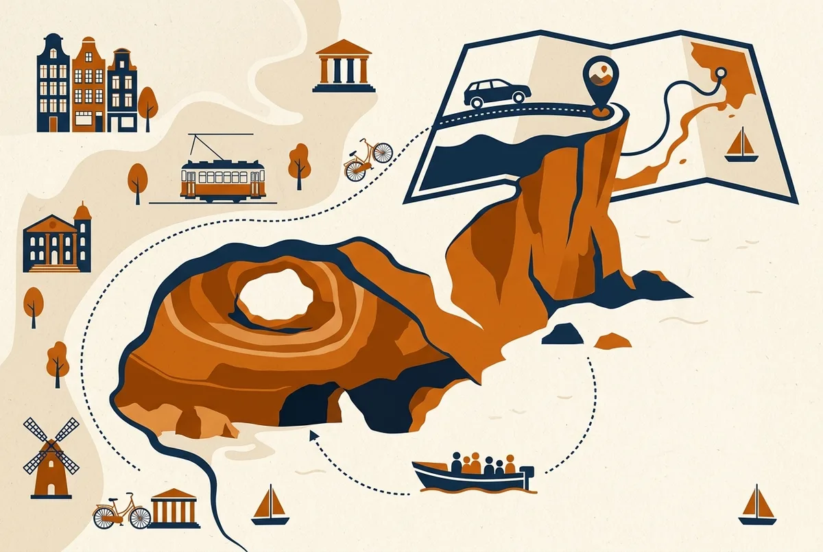 Simple diagram infographic showing a car icon reaching a clifftop viewpoint pin above Benagil Cave, with a separate boat icon reaching the cave entrance from the water