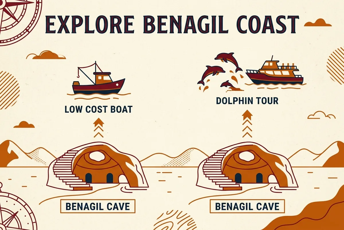 Simple infographic showing a price ladder from a low-cost boat icon to a higher-cost dolphin tour icon, each stacked above a labeled Benagil Cave entrance