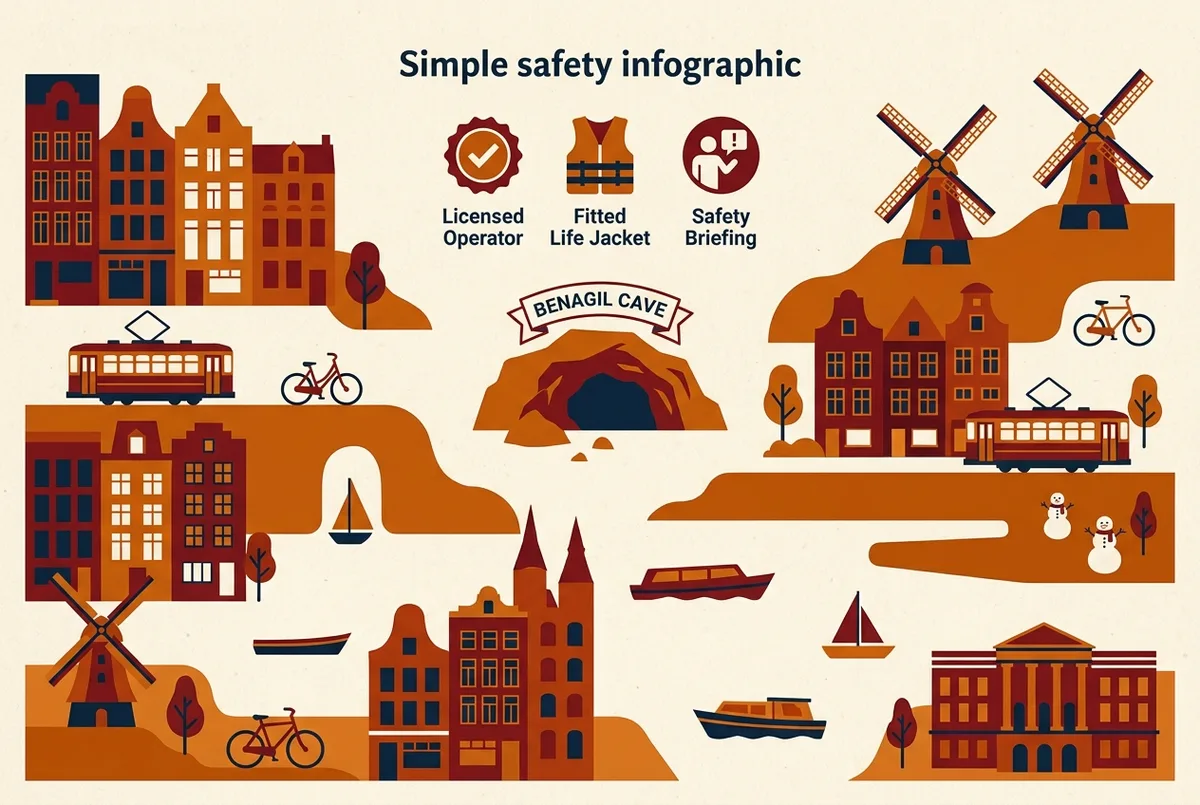 Simple safety infographic showing a checklist of licensed operator badge, fitted life jacket and safety briefing icons above a labeled Benagil Cave entrance