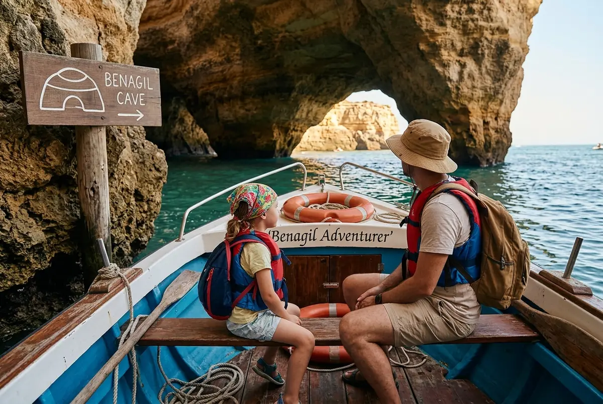 Flat illustrated family scene showing a parent and child in properly sized life jackets on a small boat deck near a labeled Benagil Cave entrance icon