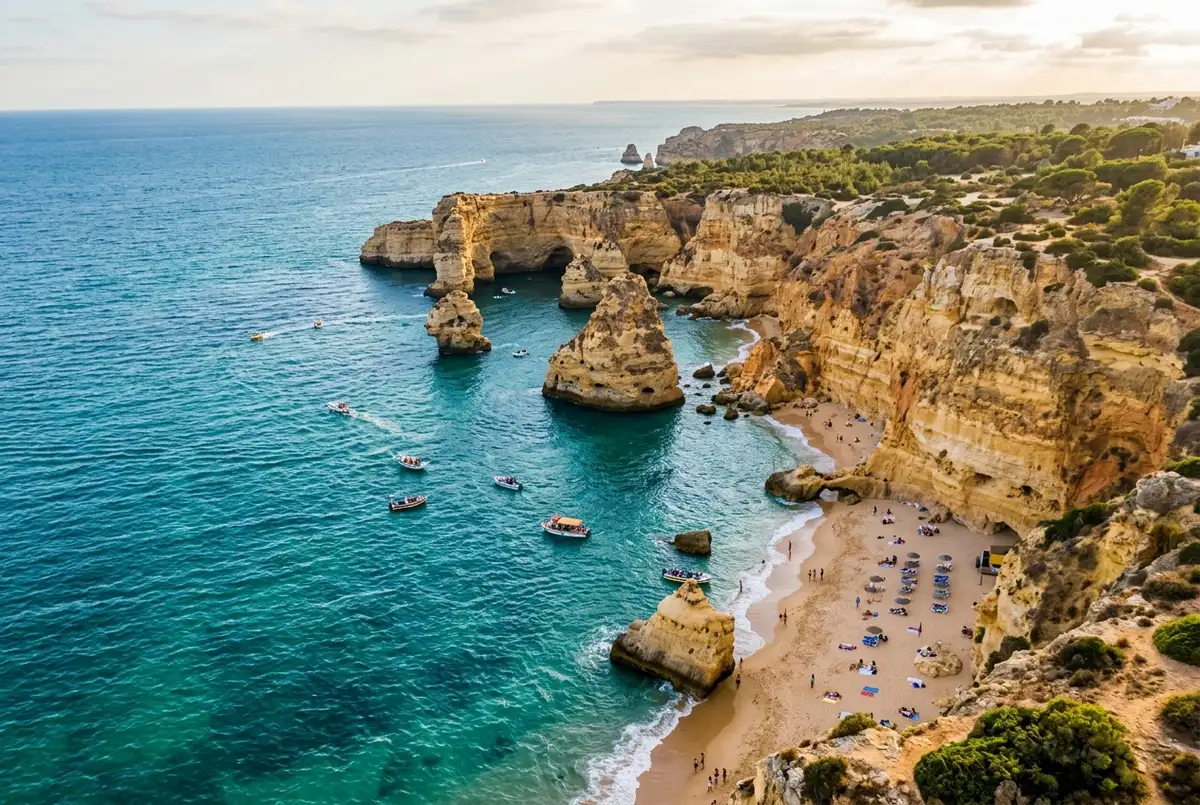 Aerial view of Praia da Marinha's golden limestone cliffs and turquoise water, one of the best benagil beaches near the village and cave