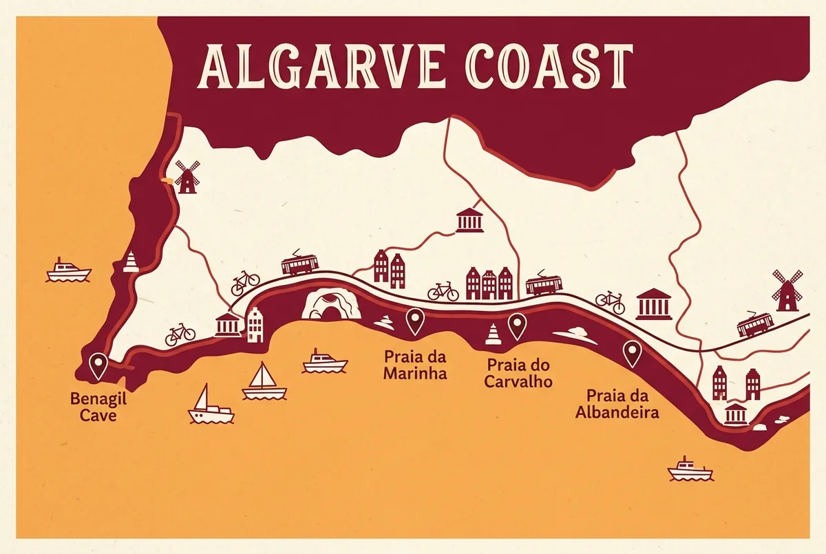 Simple map infographic showing Benagil cave, Praia da Marinha, Praia do Carvalho and Praia da Albandeira marked along the same stretch of Algarve coastline