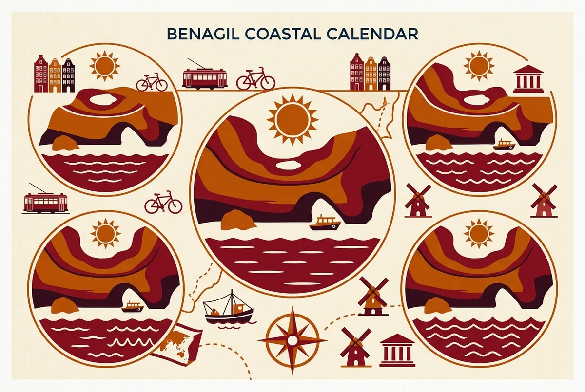 Simple seasonal calendar infographic showing benagil caves weather patterns across spring, summer, autumn and winter with icons for sun, calm water and rough water