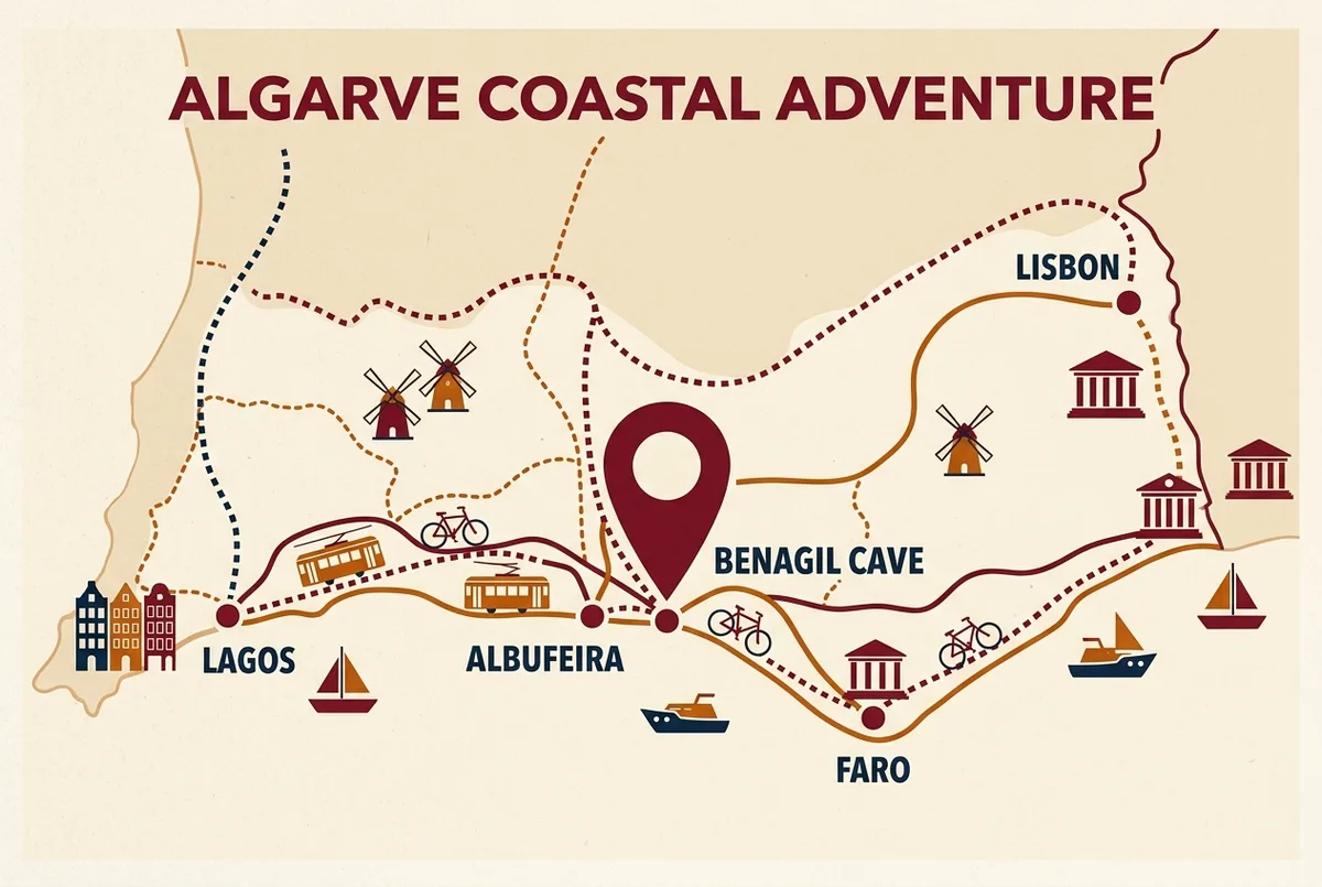 Simple map style infographic showing route lines from Lagos, Albufeira, Faro and Lisbon converging on a labeled Benagil Cave pin on the Algarve coastline