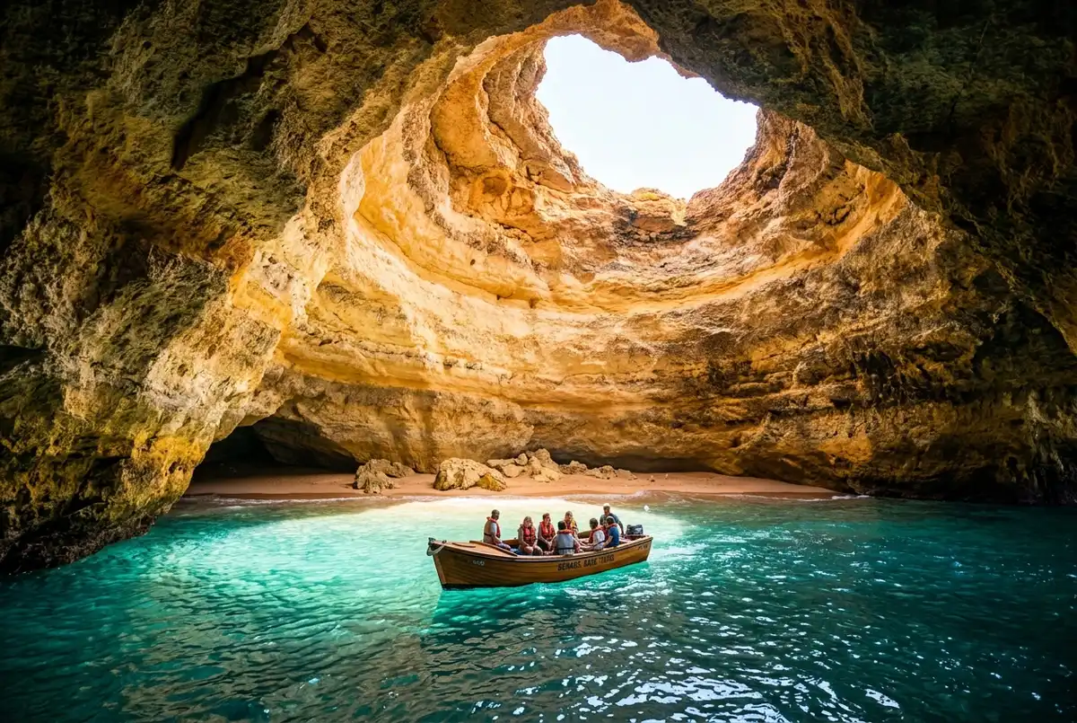 Benagil cave golden dome lit by sunlight through its collapsed rock roof, small tour boat floating on turquoise water inside