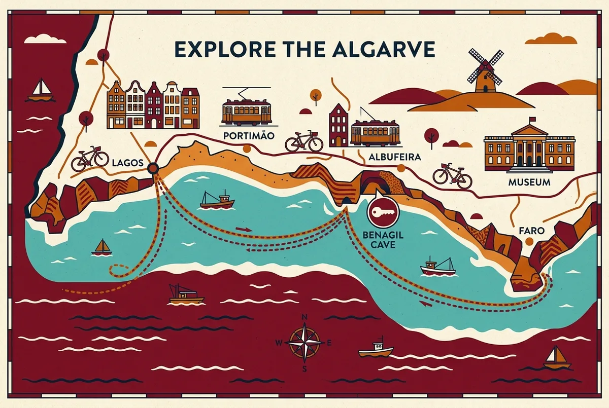 Map style illustration of the Algarve coastline showing Benagil cave marked between Portimao, Lagos, Albufeira and Faro with a boat route line
