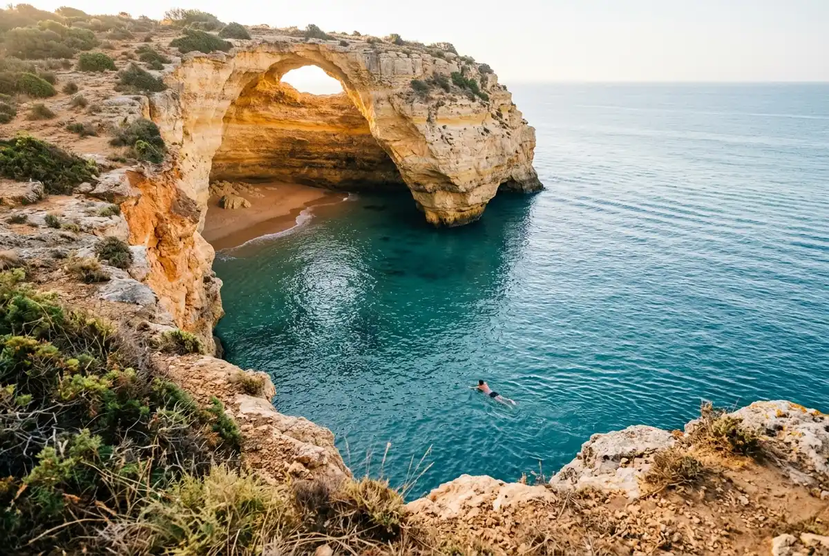 Lone swimmer viewed from the clifftop above Benagil Cave, weighing the open water distance to the golden skylight entrance on a calm morning