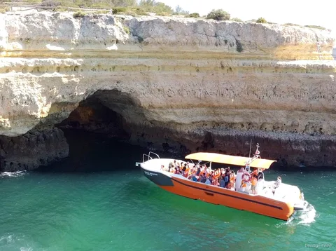 Cave-entry boat departing Vilamoura Marina for the Benagil Cave dolphin tour