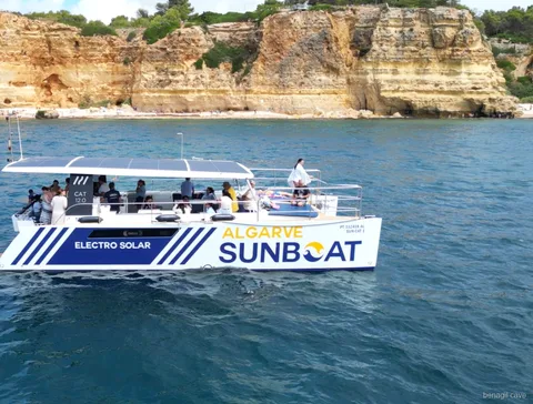 Electric catamaran departing Portimao Marina for the Benagil Cave eco tour